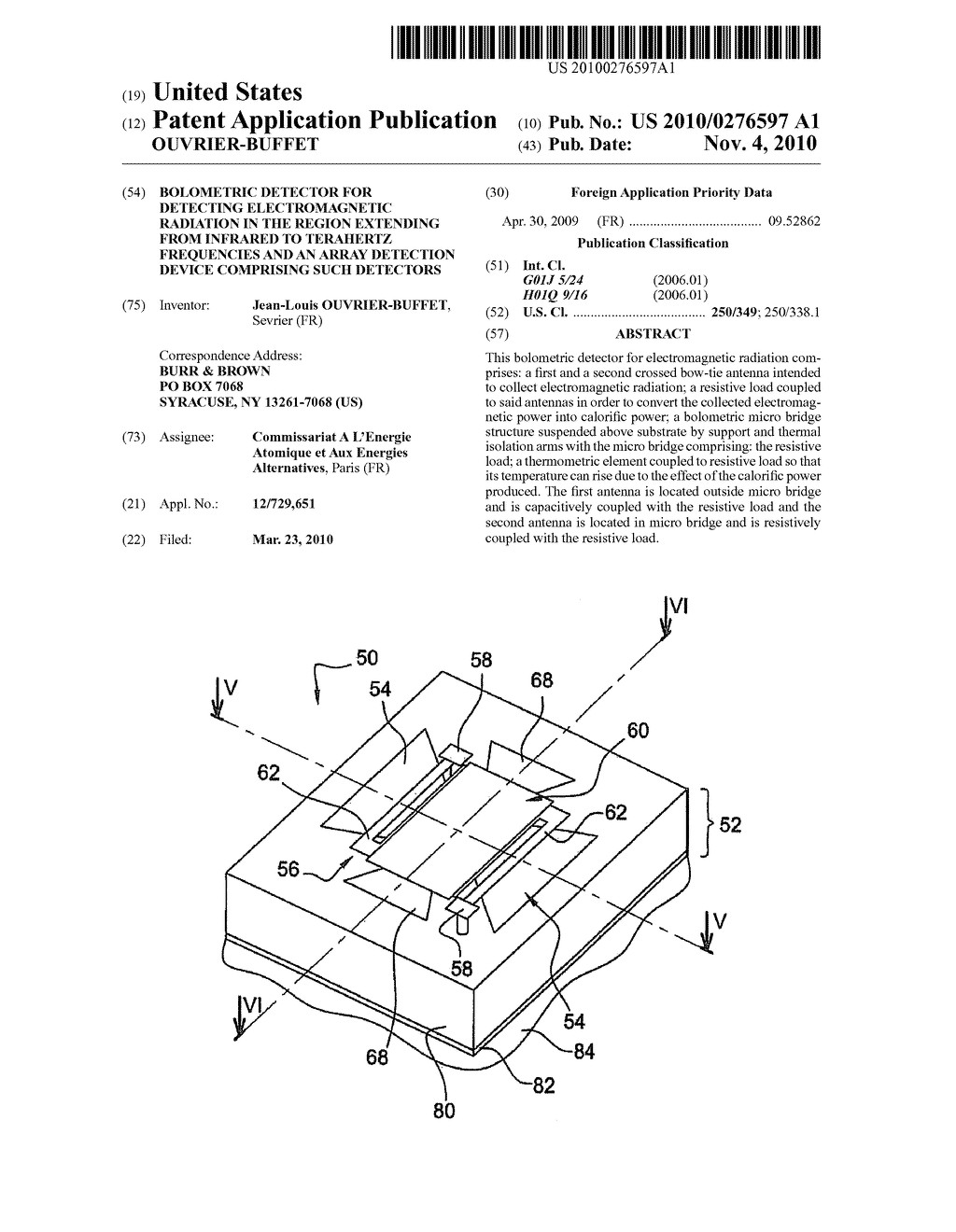 BOLOMETRIC DETECTOR FOR DETECTING ELECTROMAGNETIC RADIATION IN THE REGION EXTENDING FROM INFRARED TO TERAHERTZ FREQUENCIES AND AN ARRAY DETECTION DEVICE COMPRISING SUCH DETECTORS - diagram, schematic, and image 01