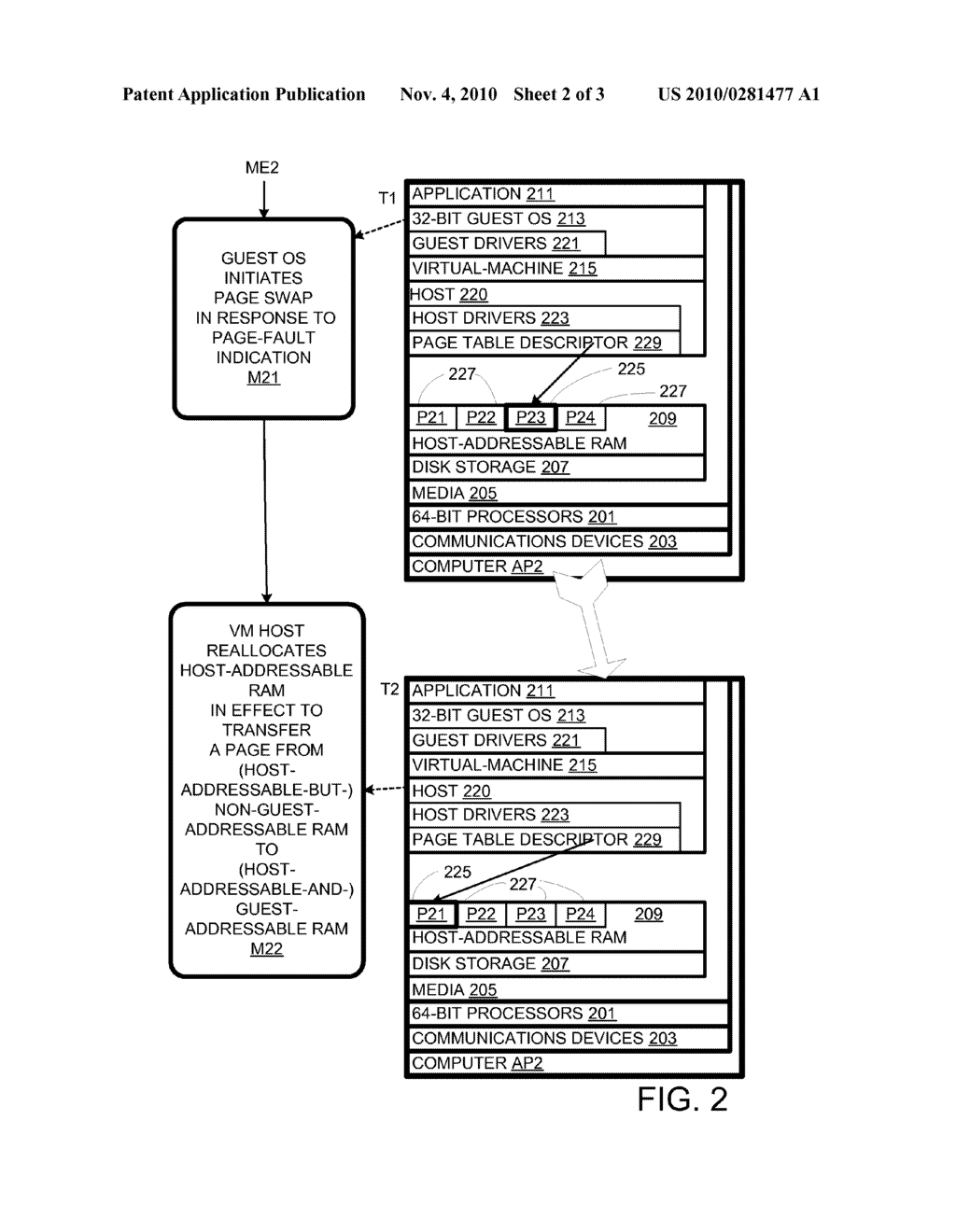 VM HOST RESPONDING TO INITIATION OF A PAGE SWAP BY TRANSFERRING PAGES FROM HOST-BUT-NON-GUEST-ADDRESSABLE RAM TO HOST-AND-GUEST-ADDRESSABLE RAM - diagram, schematic, and image 03