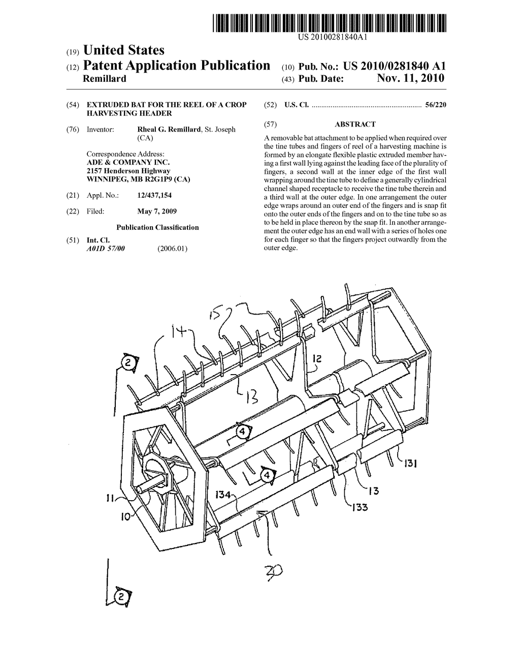 EXTRUDED BAT FOR THE REEL OF A CROP HARVESTING HEADER - diagram, schematic, and image 01