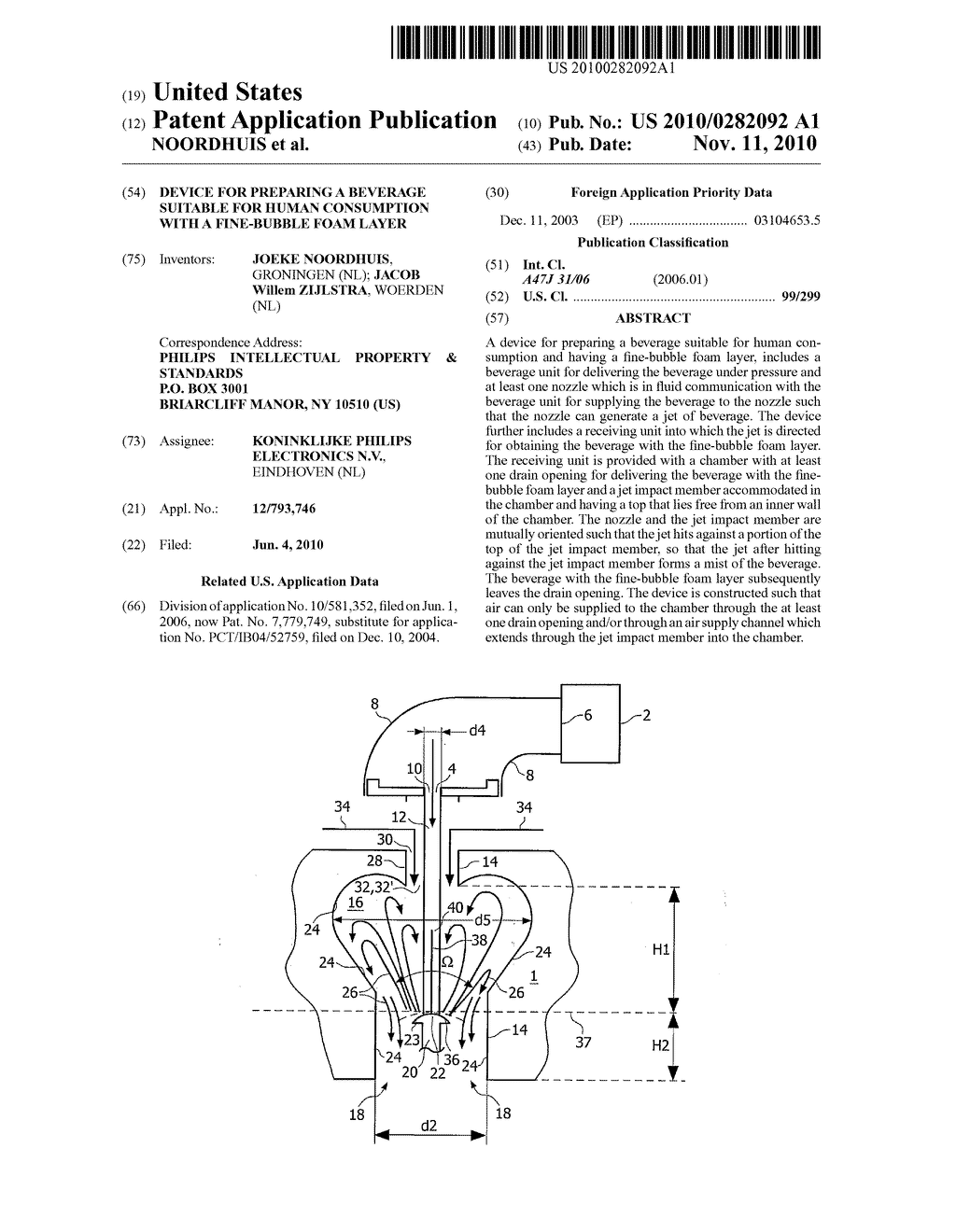 DEVICE FOR PREPARING A BEVERAGE SUITABLE FOR HUMAN CONSUMPTION WITH A FINE-BUBBLE FOAM LAYER - diagram, schematic, and image 01