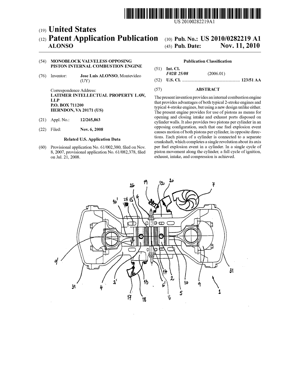 MONOBLOCK VALVELESS OPPOSING PISTON INTERNAL COMBUSTION ENGINE - diagram, schematic, and image 01
