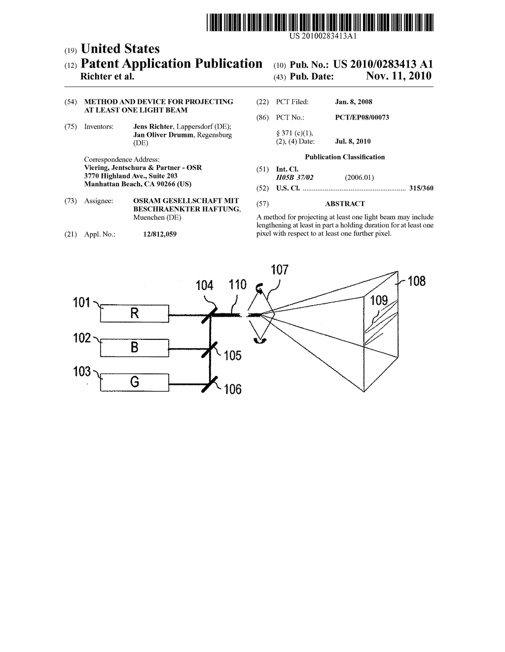 METHOD AND DEVICE FOR PROJECTING AT LEAST ONE LIGHT BEAM - diagram, schematic, and image 01