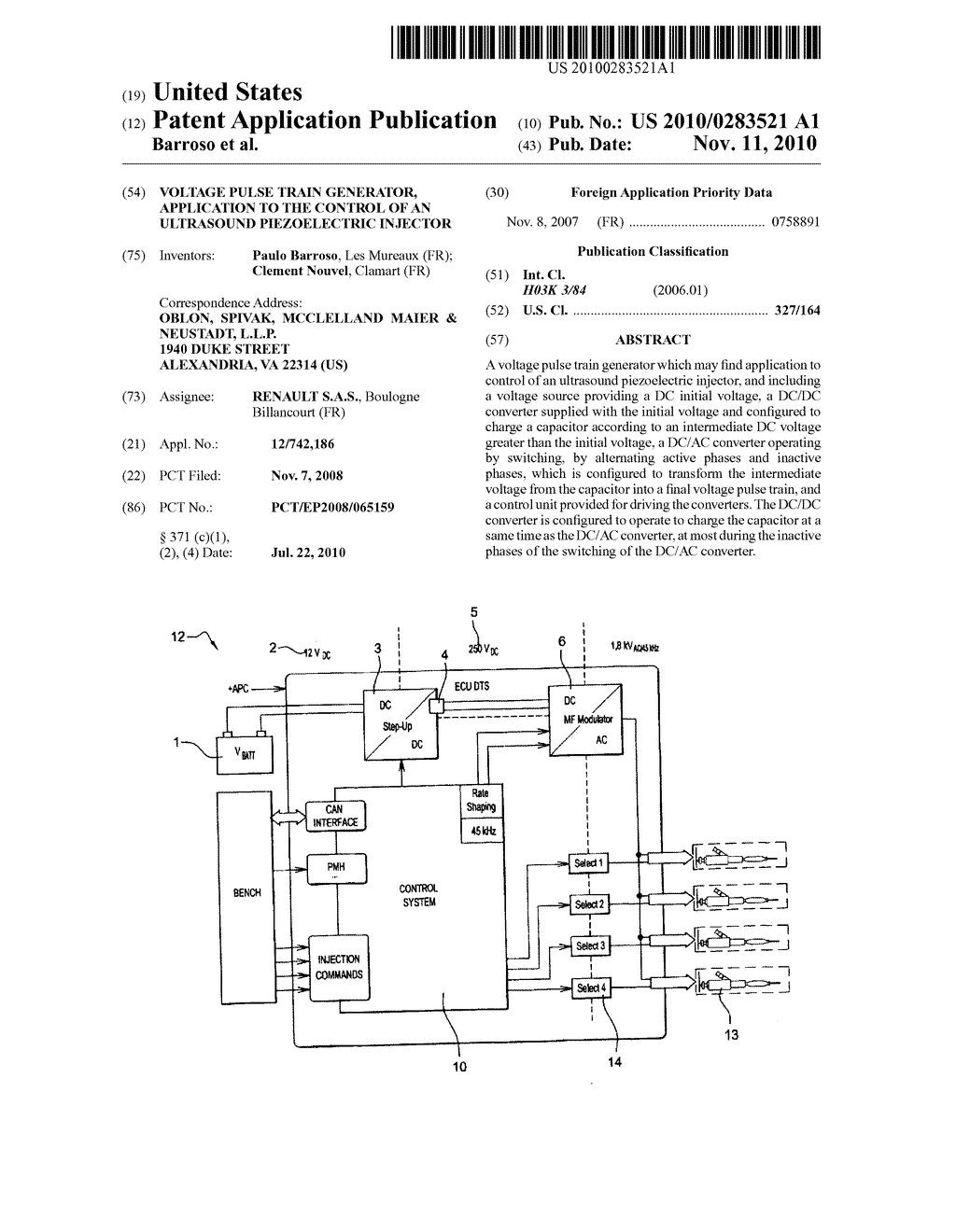 VOLTAGE PULSE TRAIN GENERATOR, APPLICATION TO THE CONTROL OF AN ULTRASOUND PIEZOELECTRIC INJECTOR - diagram, schematic, and image 01