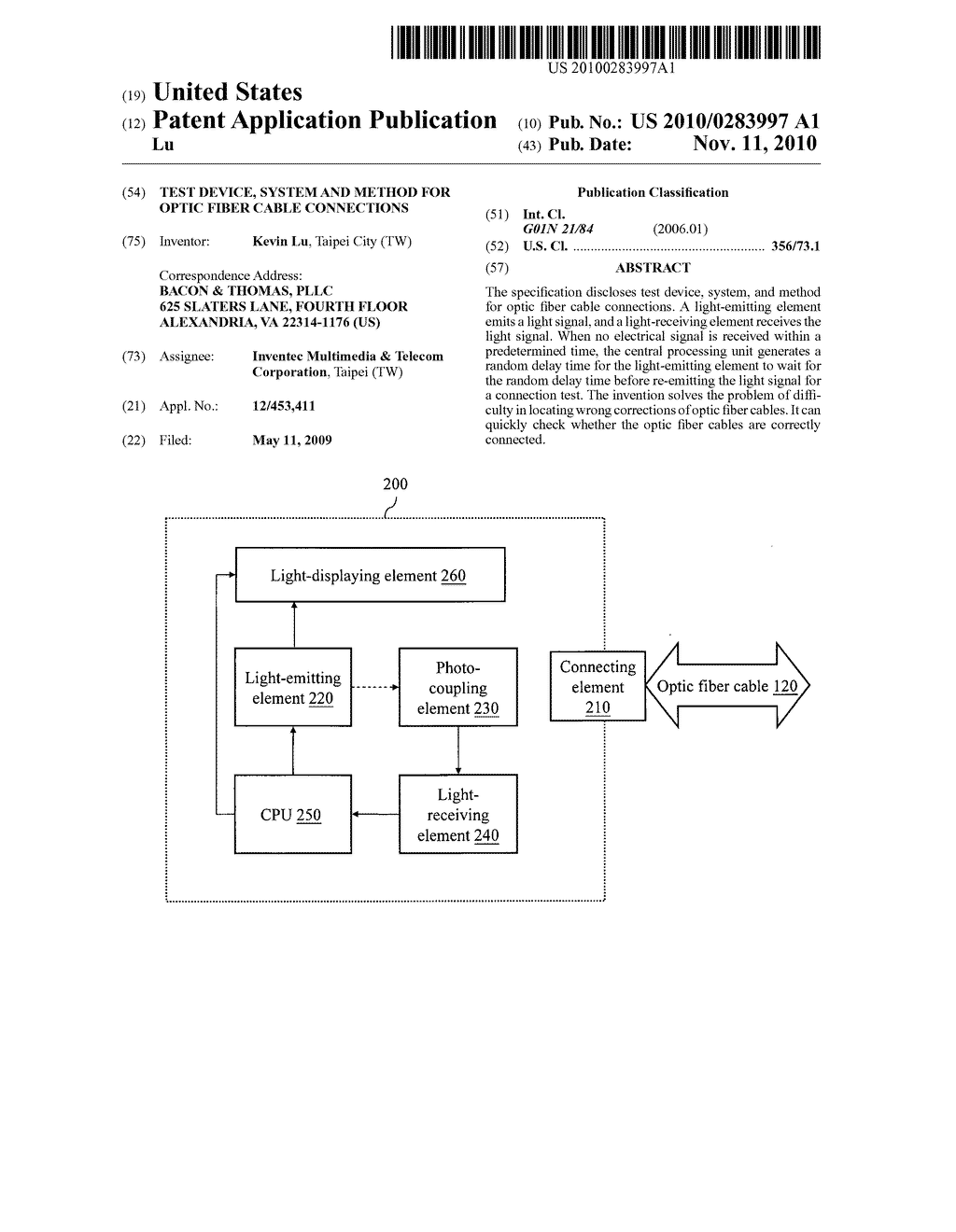 Test device, system and method for optic fiber cable connections - diagram, schematic, and image 01