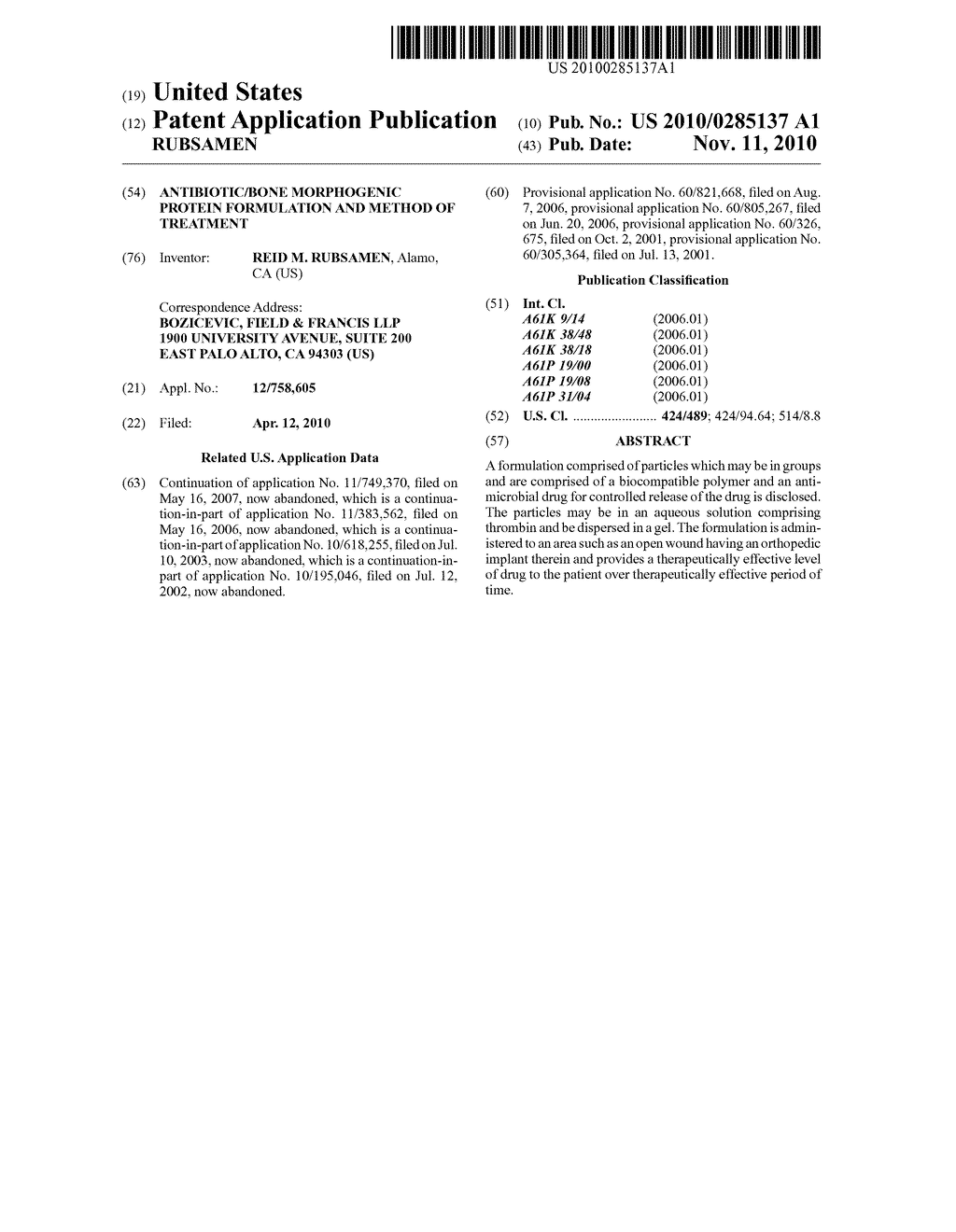 ANTIBIOTIC/BONE MORPHOGENIC PROTEIN FORMULATION AND METHOD OF TREATMENT - diagram, schematic, and image 01