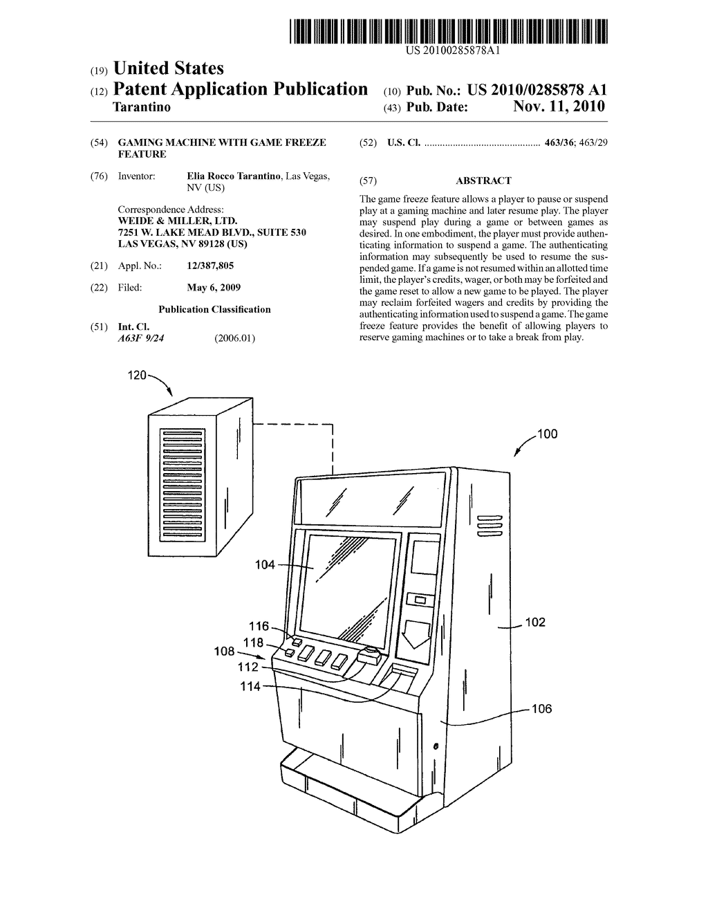 Gaming machine with game freeze feature - diagram, schematic, and image 01