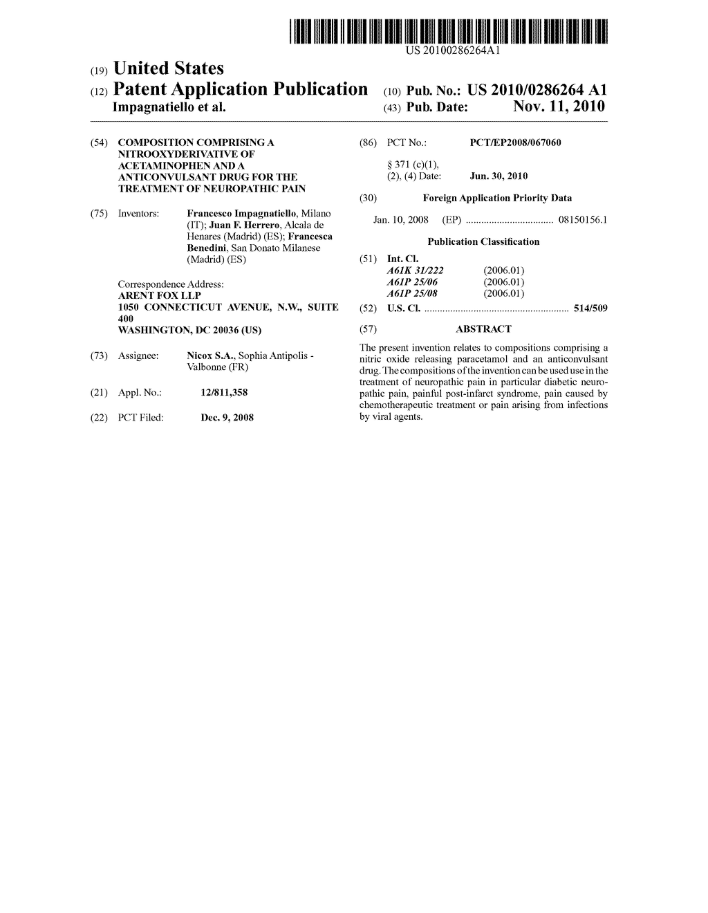 COMPOSITION COMPRISING A NITROOXYDERIVATIVE OF ACETAMINOPHEN AND A ANTICONVULSANT DRUG FOR THE TREATMENT OF NEUROPATHIC PAIN - diagram, schematic, and image 01