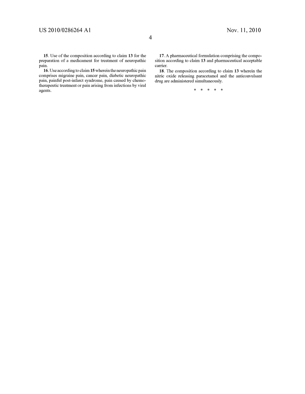 COMPOSITION COMPRISING A NITROOXYDERIVATIVE OF ACETAMINOPHEN AND A ANTICONVULSANT DRUG FOR THE TREATMENT OF NEUROPATHIC PAIN - diagram, schematic, and image 05