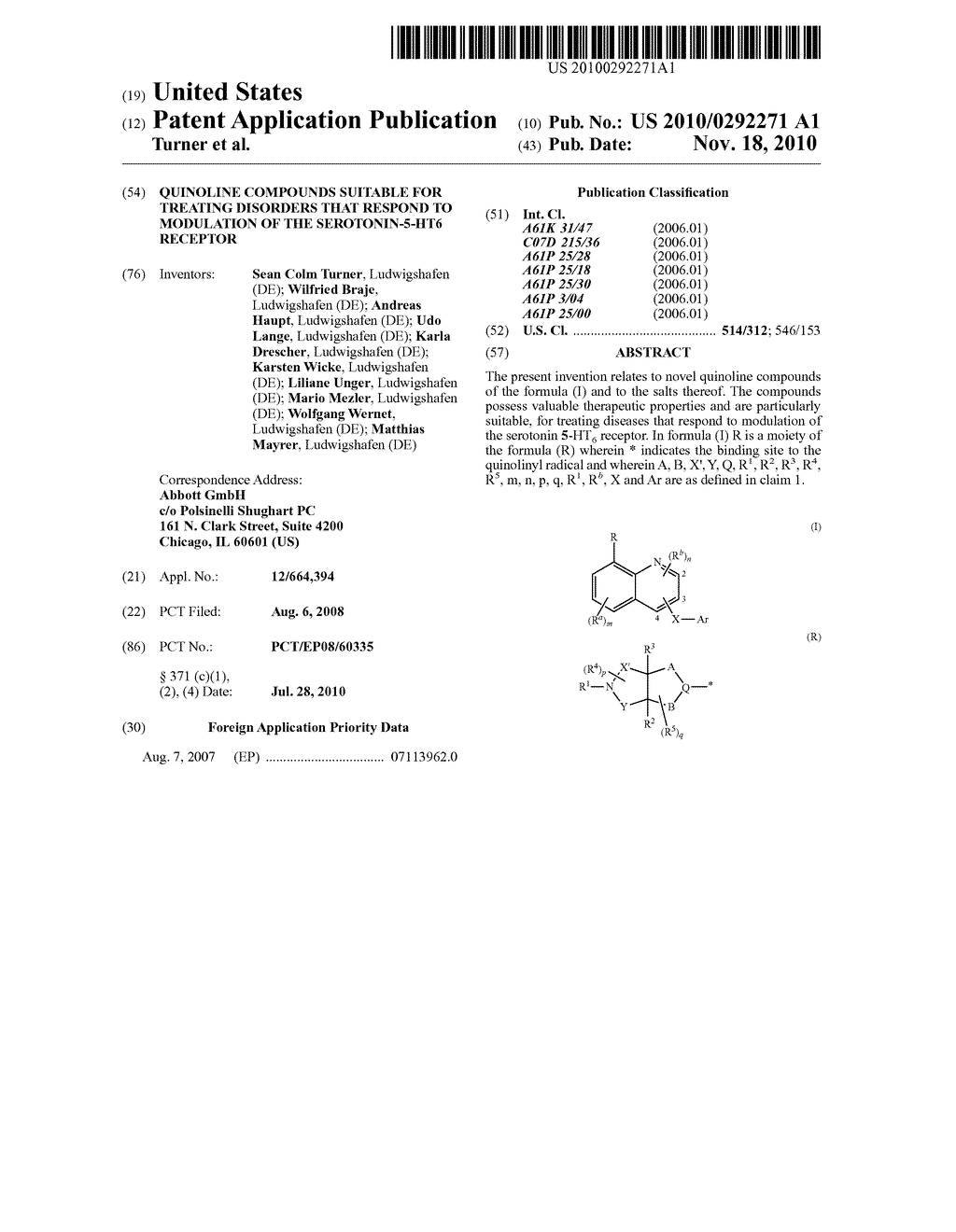 Quinoline Compounds Suitable for Treating Disorders that Respond to Modulation of the Serotonin-5-HT6 Receptor - diagram, schematic, and image 01