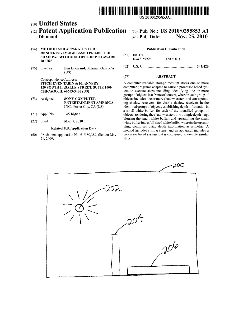 METHOD AND APPARATUS FOR RENDERING IMAGE BASED PROJECTED SHADOWS WITH MULTIPLE DEPTH AWARE BLURS - diagram, schematic, and image 01