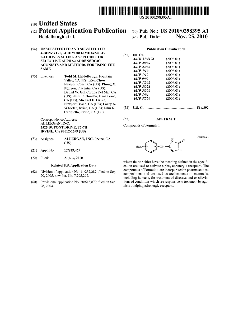 UNSUBSTITUTED AND SUBSTITUTED 4-BENZYL-1,3-DIHYDRO-IMIDAZOLE-2-THIONES ACTING AS SPECIFIC OR SELECTIVE ALPHA2 ADRENERGIC AGONISTS AND METHODS FOR USING THE SAME - diagram, schematic, and image 01