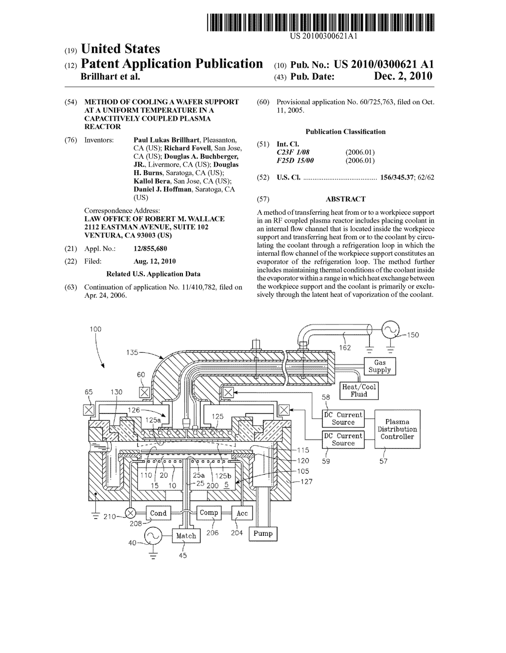 METHOD OF COOLING A WAFER SUPPORT AT A UNIFORM TEMPERATURE IN A CAPACITIVELY COUPLED PLASMA REACTOR - diagram, schematic, and image 01