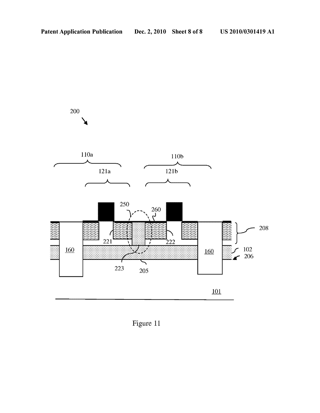 INTEGRATED CIRCUIT DEVICE WITH DEEP TRENCH ISOLATION REGIONS FOR ALL INTER-WELL AND INTRA-WELL ISOLATION AND WITH A SHARED CONTACT TO A JUNCTION BETWEEN ADJACENT DEVICE DIFFUSION REGIONS ANDAN UNDERLYING FLOATING WELL SECTION - diagram, schematic, and image 09