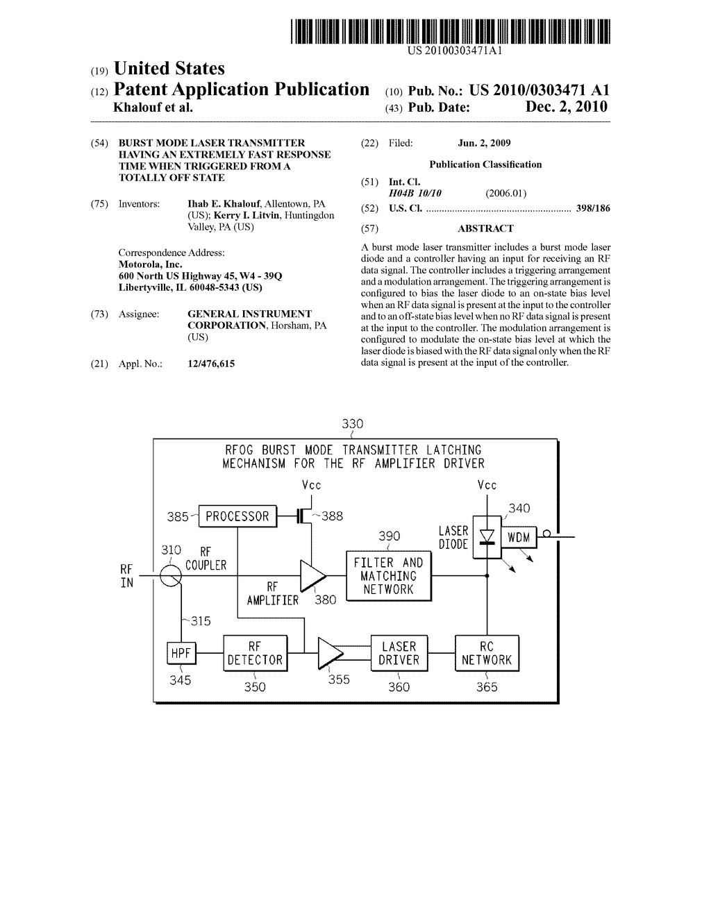 BURST MODE LASER TRANSMITTER HAVING AN EXTREMELY FAST RESPONSE TIME WHEN TRIGGERED FROM A TOTALLY OFF STATE - diagram, schematic, and image 01