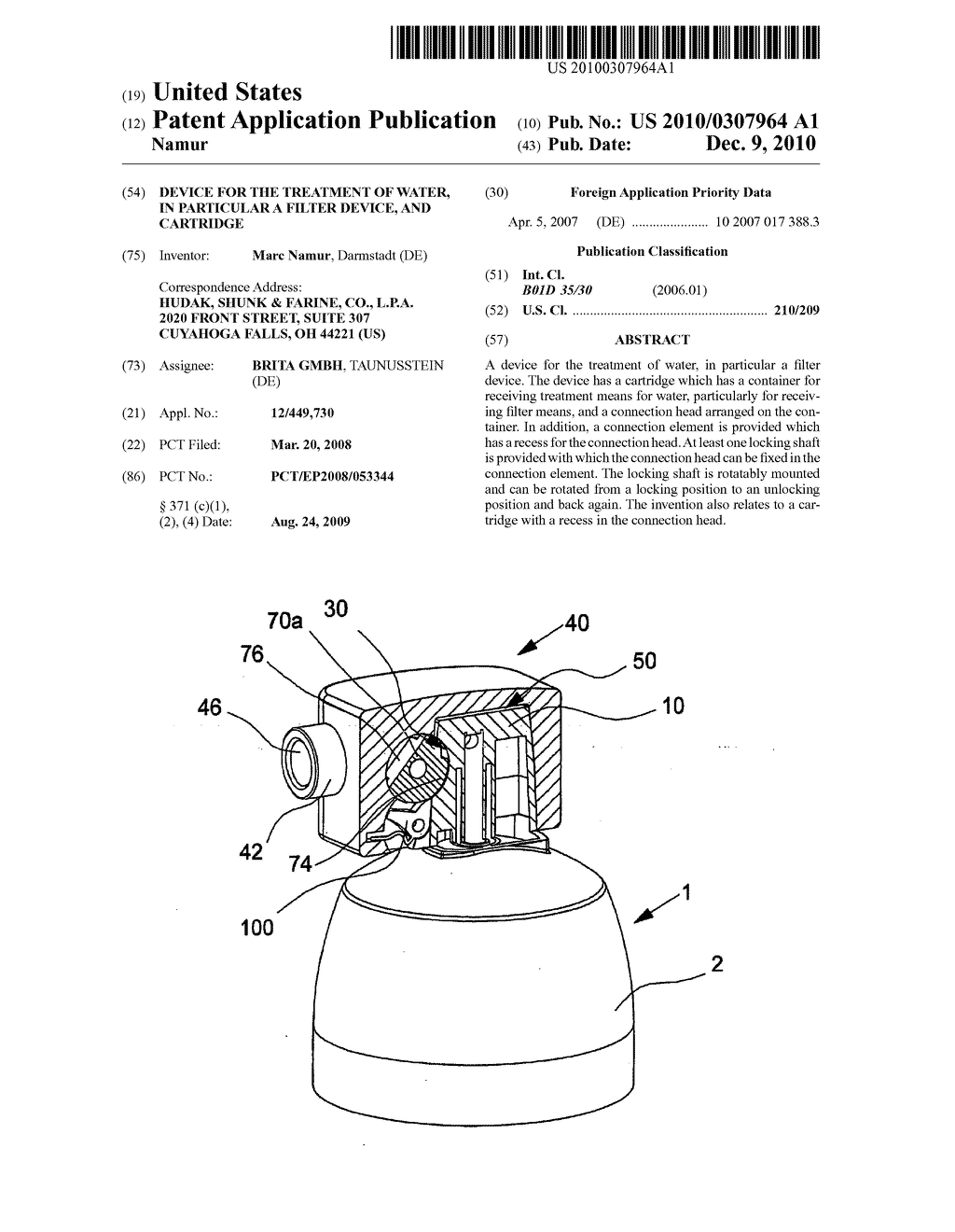 DEVICE FOR THE TREATMENT OF WATER, IN PARTICULAR A FILTER DEVICE, AND CARTRIDGE - diagram, schematic, and image 01