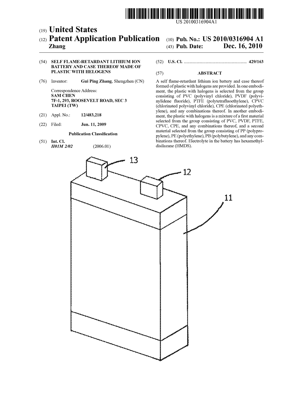 Self flame-retardant lithium ion battery and case thereof made of plastic with helogens - diagram, schematic, and image 01