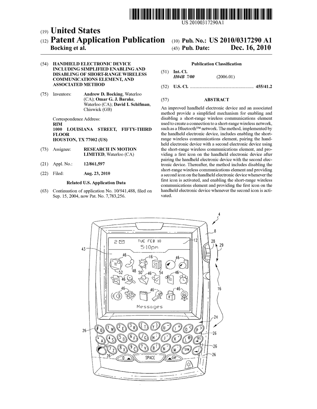 Handheld Electronic Device Including Simplified Enabling and Disabling of Short-Range Wireless Communications Element, and Associated Method - diagram, schematic, and image 01