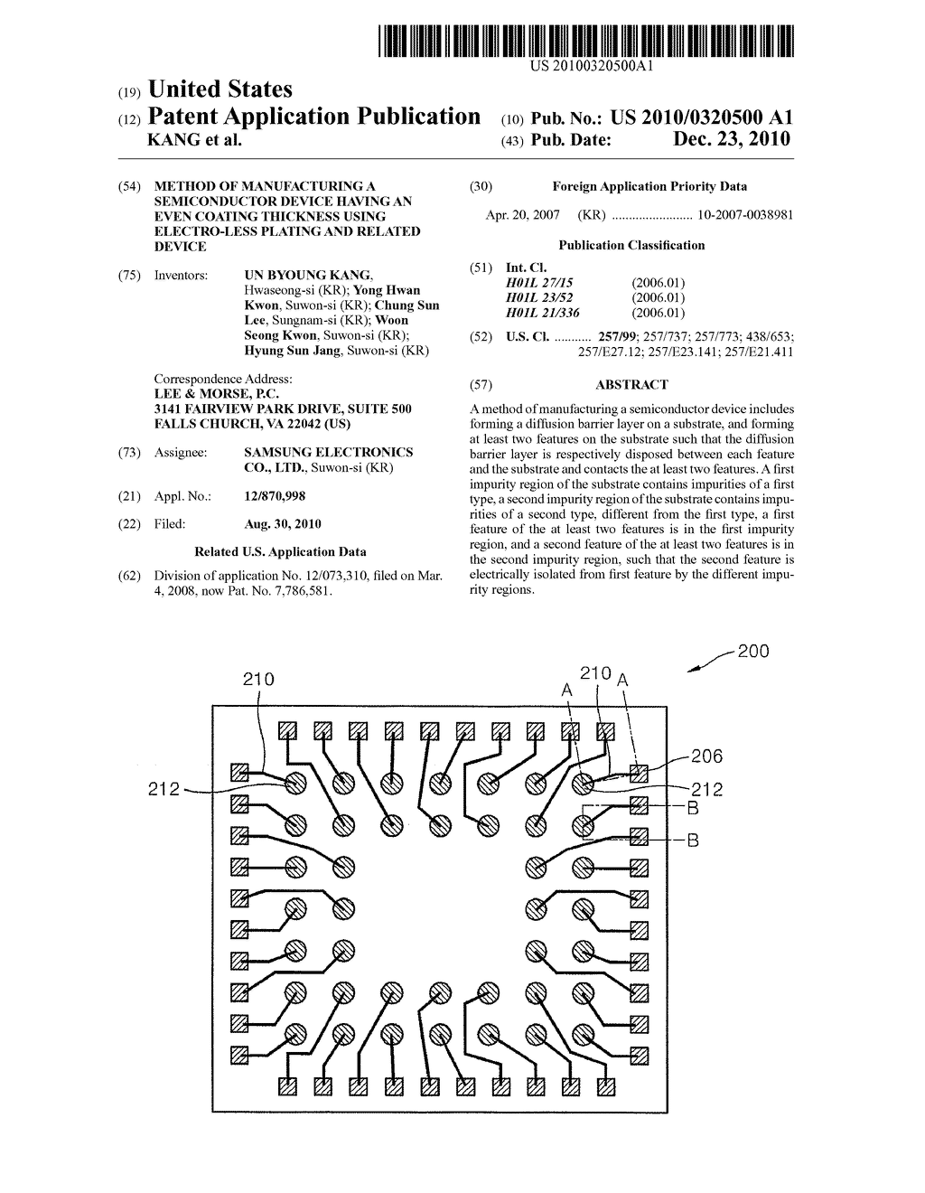 METHOD OF MANUFACTURING A SEMICONDUCTOR DEVICE HAVING AN EVEN COATING THICKNESS USING ELECTRO-LESS PLATING AND RELATED DEVICE - diagram, schematic, and image 01