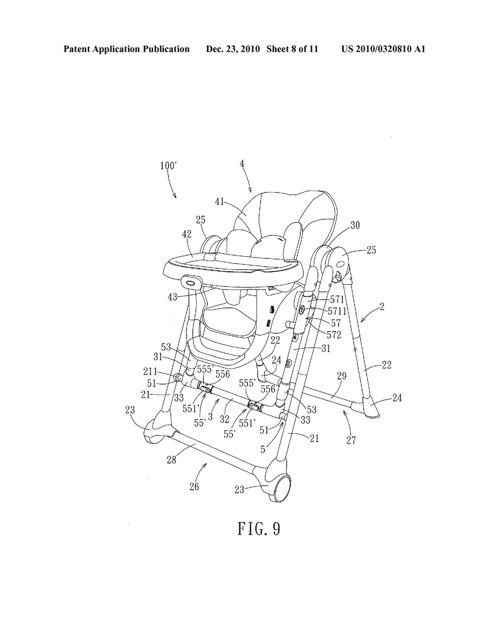 CHILD SEAT CONVERTIBLE BETWEEN A HIGH CHAIR CONFIGURATION AND A SWING CONFIGURATION AND METHOD OF CONVERSION THEROF - diagram, schematic, and image 09