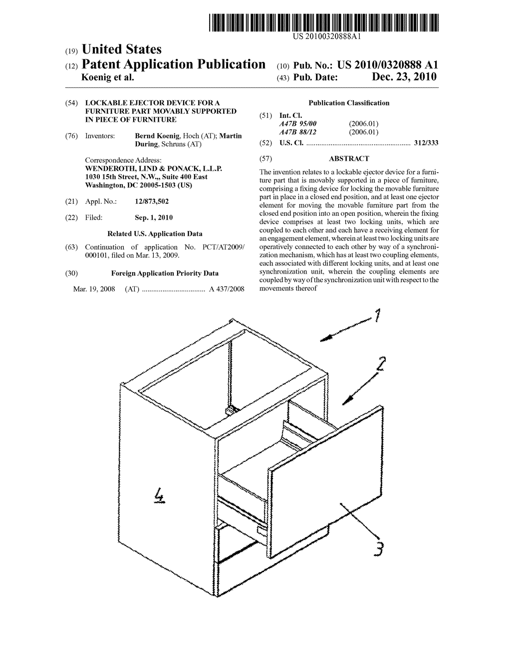 LOCKABLE EJECTOR DEVICE FOR A FURNITURE PART MOVABLY SUPPORTED IN PIECE OF FURNITURE - diagram, schematic, and image 01