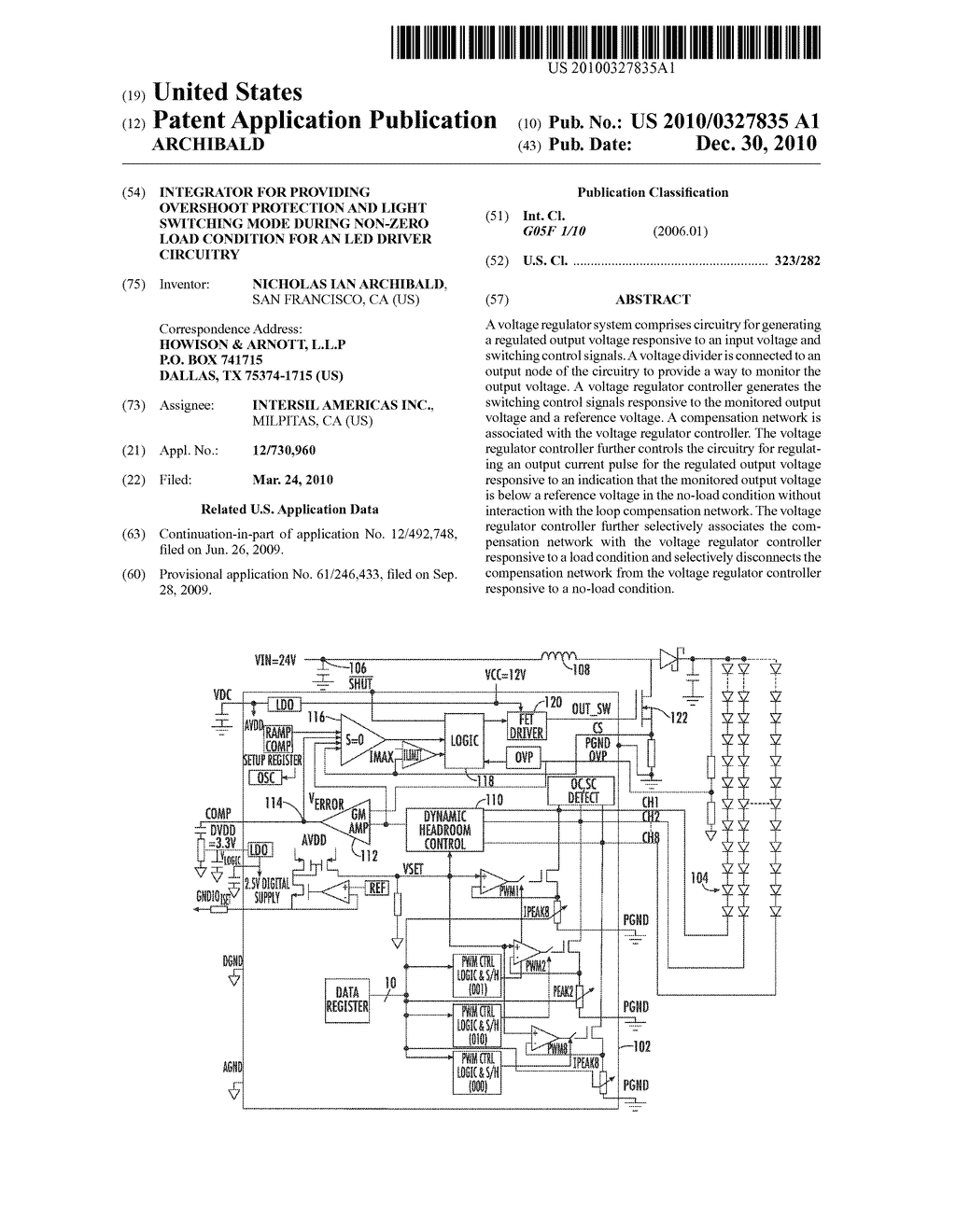 INTEGRATOR FOR PROVIDING OVERSHOOT PROTECTION AND LIGHT SWITCHING MODE DURING NON-ZERO LOAD CONDITION FOR AN LED DRIVER CIRCUITRY - diagram, schematic, and image 01