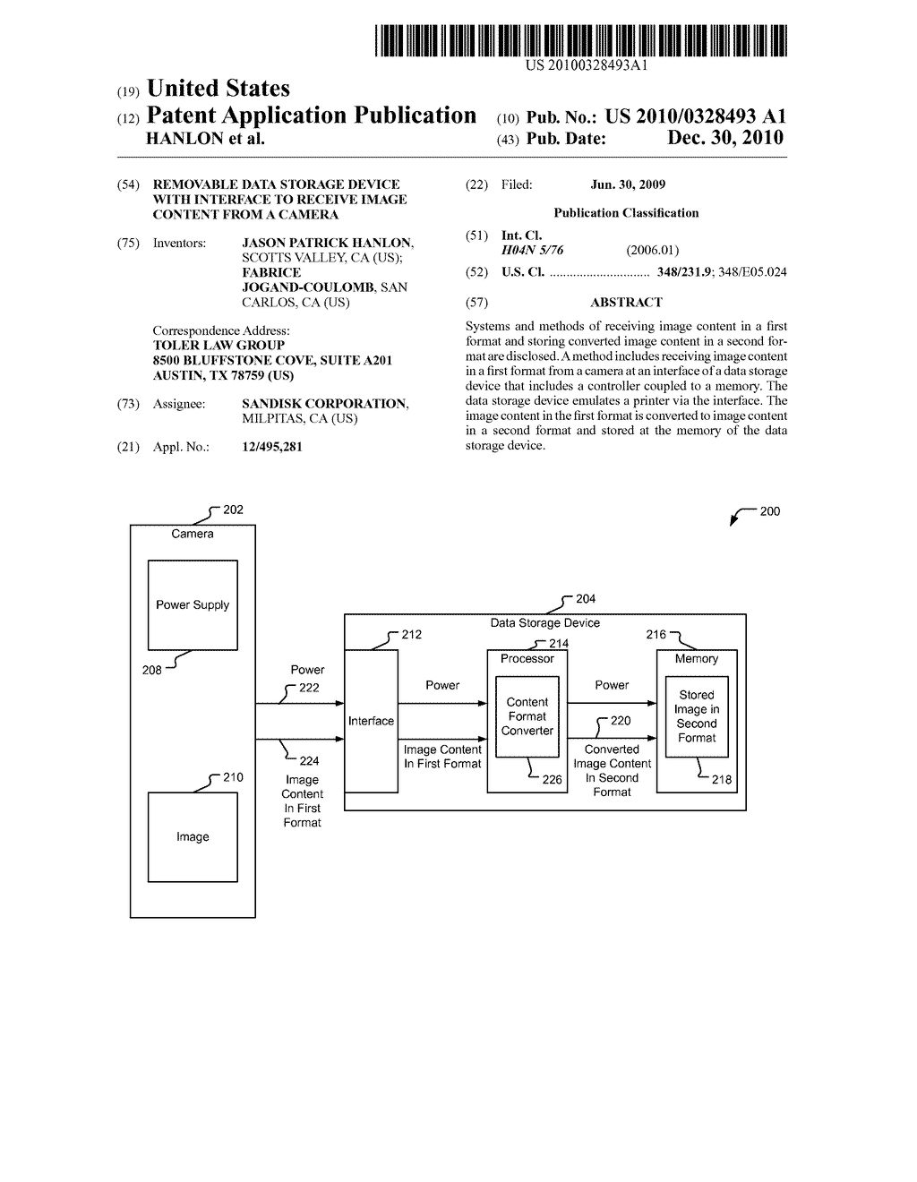 REMOVABLE DATA STORAGE DEVICE WITH INTERFACE TO RECEIVE IMAGE CONTENT FROM A CAMERA - diagram, schematic, and image 01