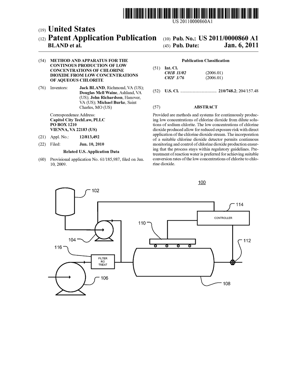 METHOD AND APPARATUS FOR THE CONTINOUS PRODUCTION OF LOW CONCENTRATIONS OF CHLORINE DIOXIDE FROM LOW CONCENTRATIONS OF AQUEOUS CHLORITE - diagram, schematic, and image 01