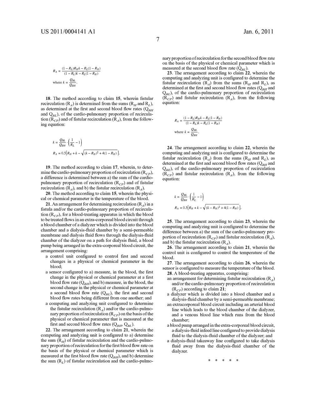 METHOD AND ARRANGEMENT FOR DETERMINING THE RECIRCULATION IN A FISTULA OR THE CARDIOPULMONARY RECIRCULATION, AND A BLOOD TREATMENT DEVICE COMPRISING A DEVICE FOR DETERMINING THE FISTULA RECIRCULATION OR THE CARDIOPULMONARY RECIRCULATION PART - diagram, schematic, and image 10