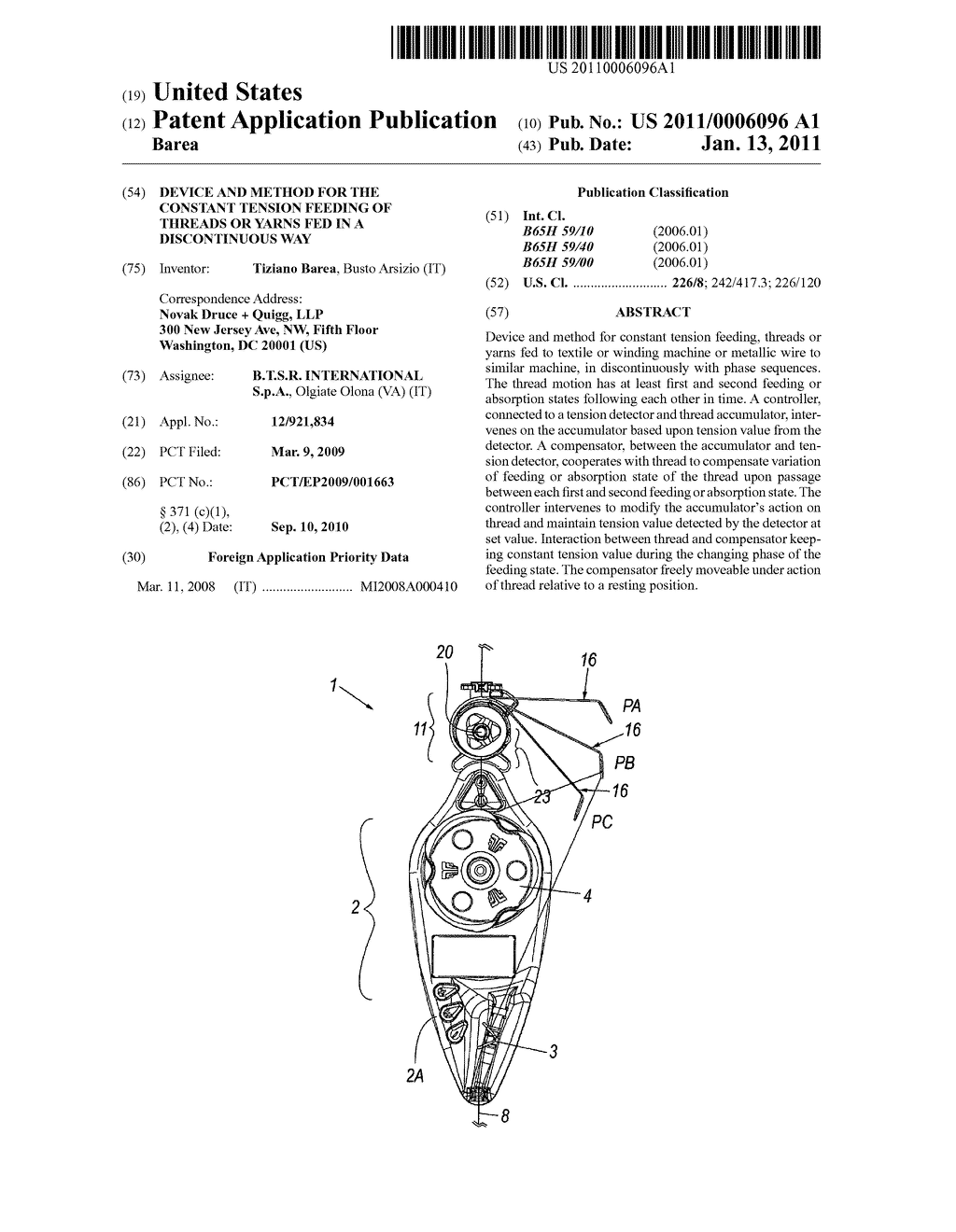 DEVICE AND METHOD FOR THE CONSTANT TENSION FEEDING OF THREADS OR YARNS FED IN A DISCONTINUOUS WAY - diagram, schematic, and image 01