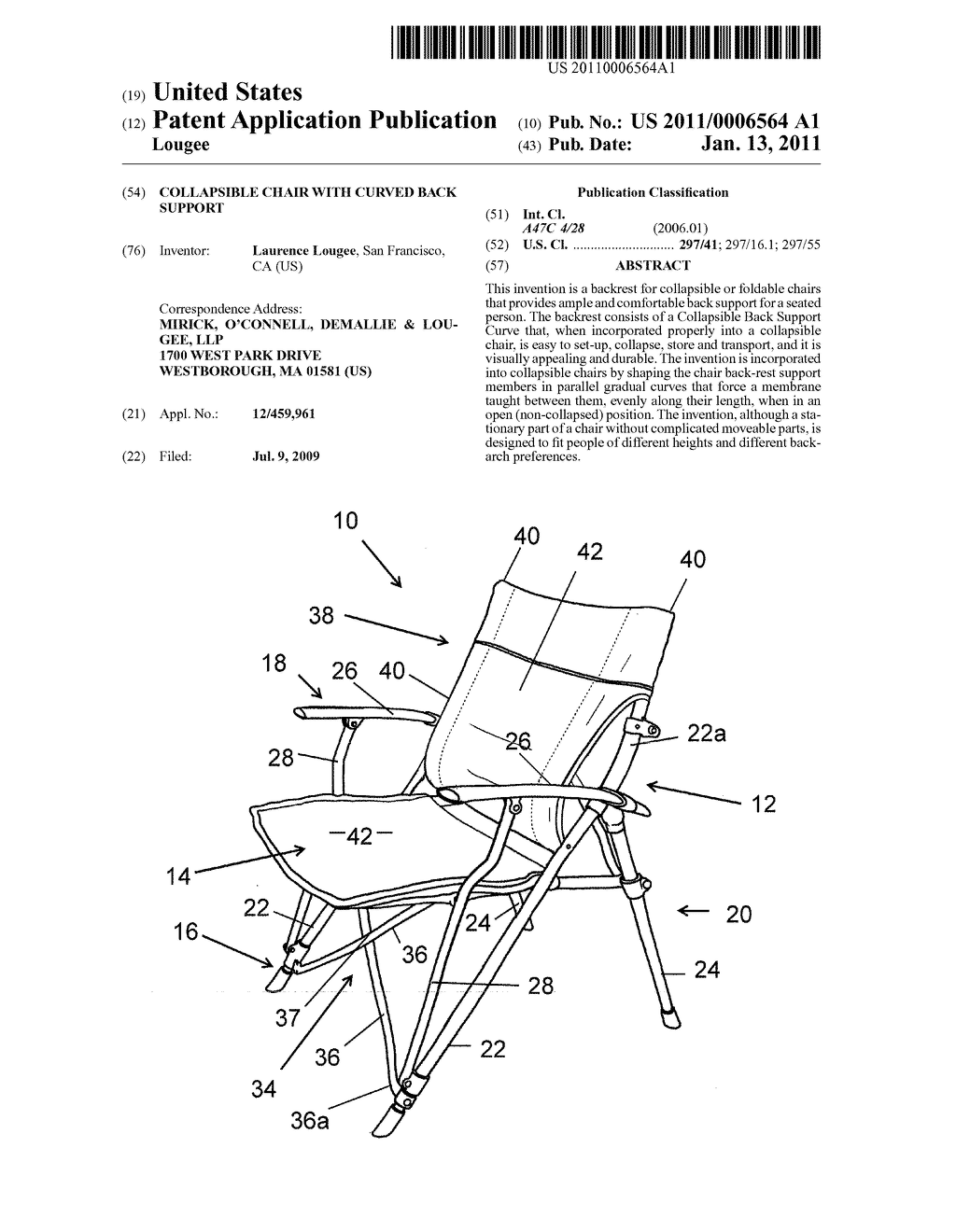 Collapsible chair with curved back support - diagram, schematic, and image 01