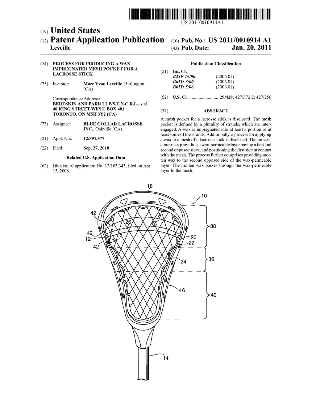 PROCESS FOR PRODUCING A WAX IMPREGNATED MESH POCKET FOR A LACROSSE STICK - diagram, schematic, and image 01