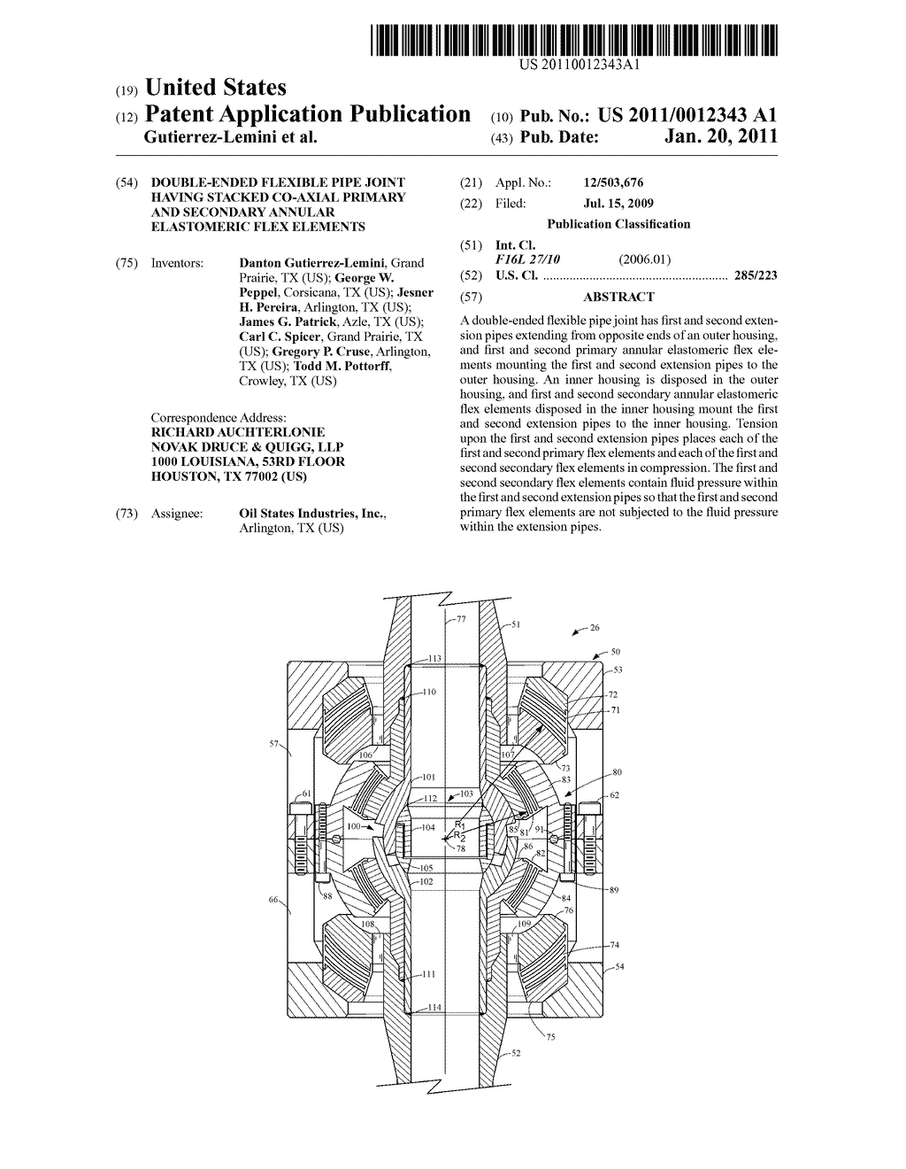 DOUBLE-ENDED FLEXIBLE PIPE JOINT HAVING STACKED CO-AXIAL PRIMARY AND SECONDARY ANNULAR ELASTOMERIC FLEX ELEMENTS - diagram, schematic, and image 01