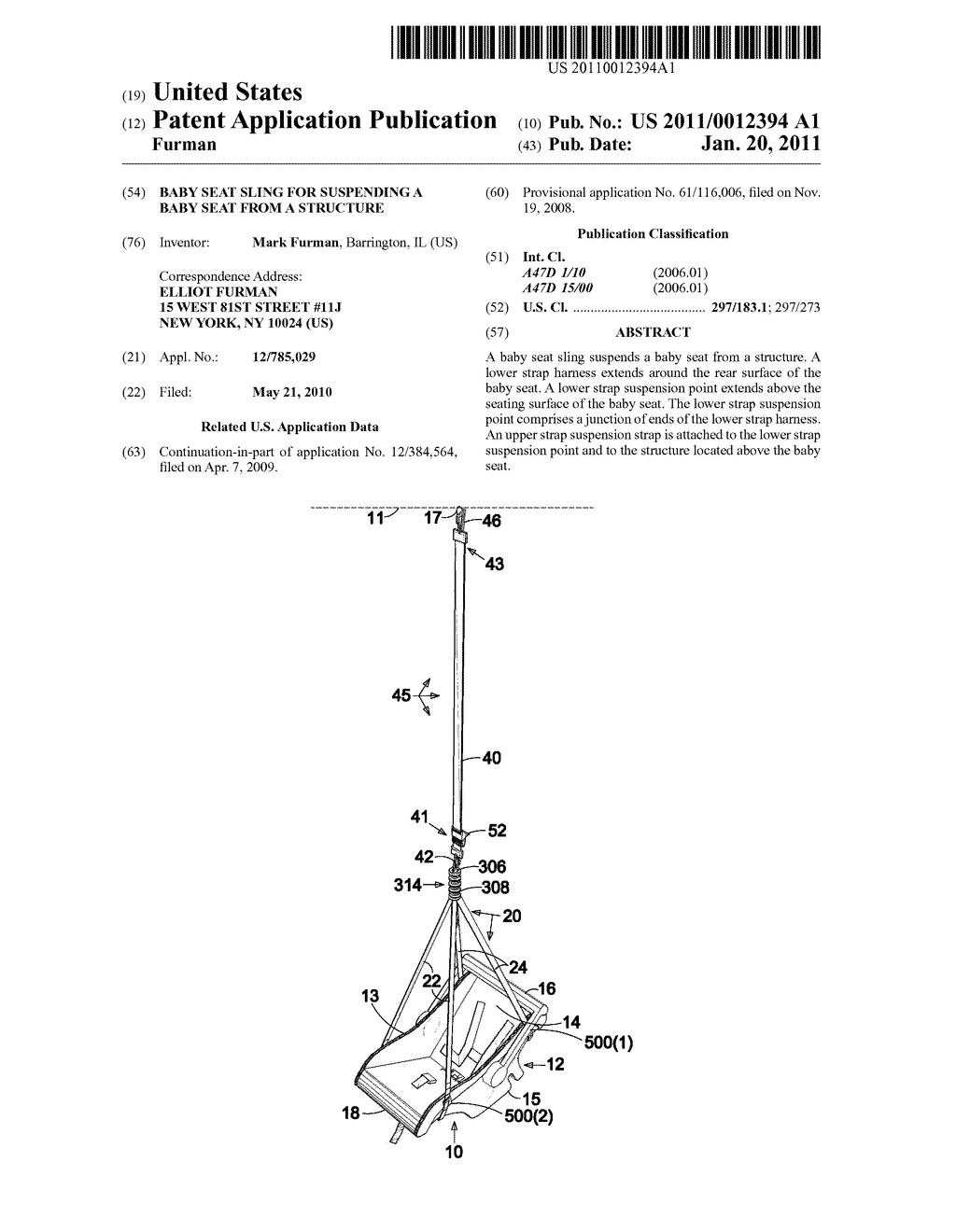 Baby seat sling for suspending a baby seat from a structure - diagram, schematic, and image 01