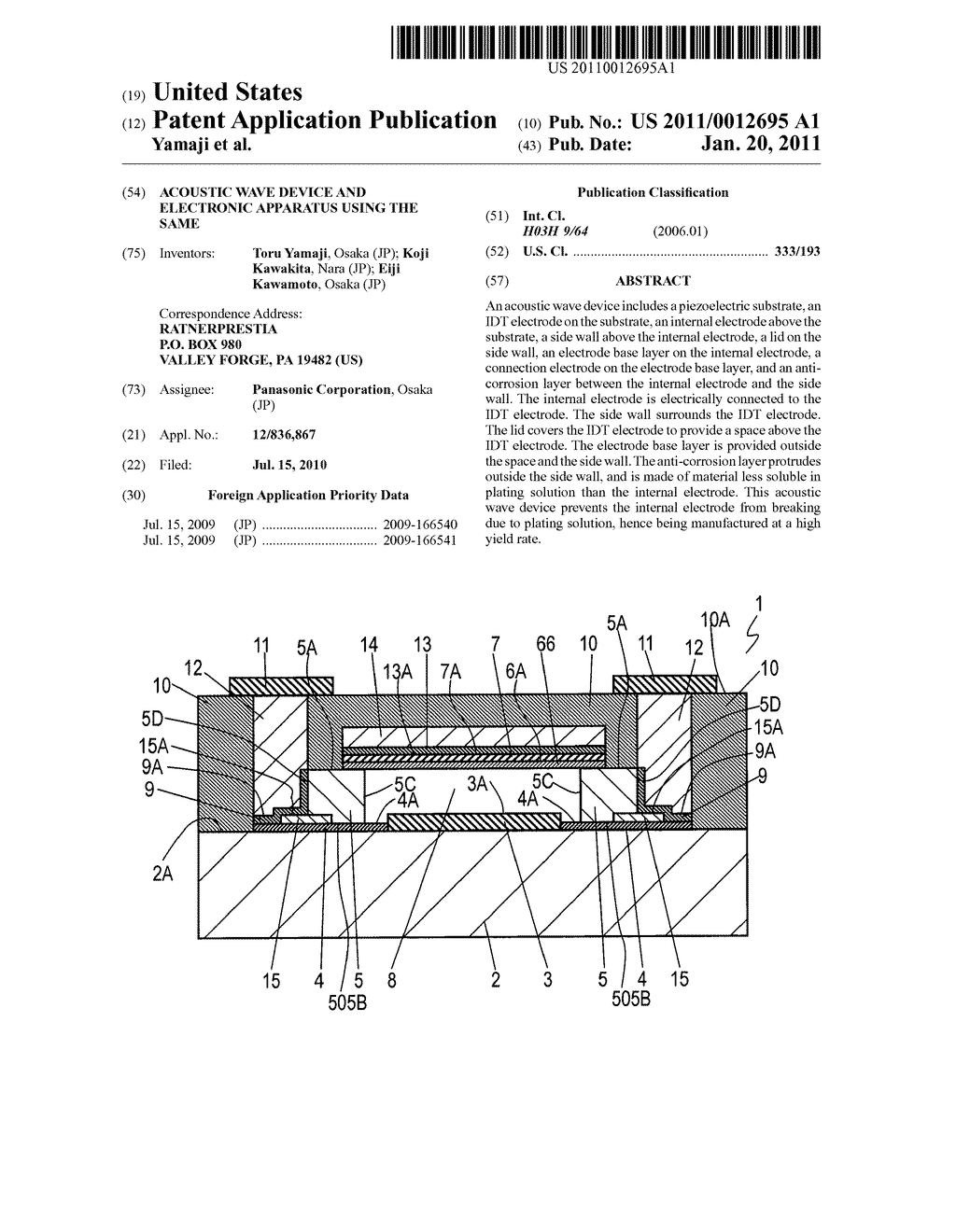 ACOUSTIC WAVE DEVICE AND ELECTRONIC APPARATUS USING THE SAME - diagram, schematic, and image 01