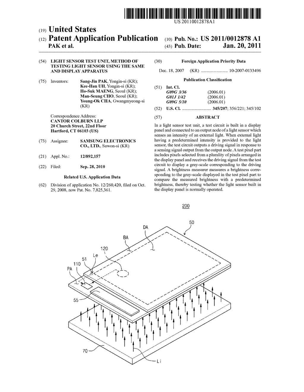 LIGHT SENSOR TEST UNIT, METHOD OF TESTING LIGHT SENSOR USING THE SAME AND DISPLAY APPARATUS - diagram, schematic, and image 01