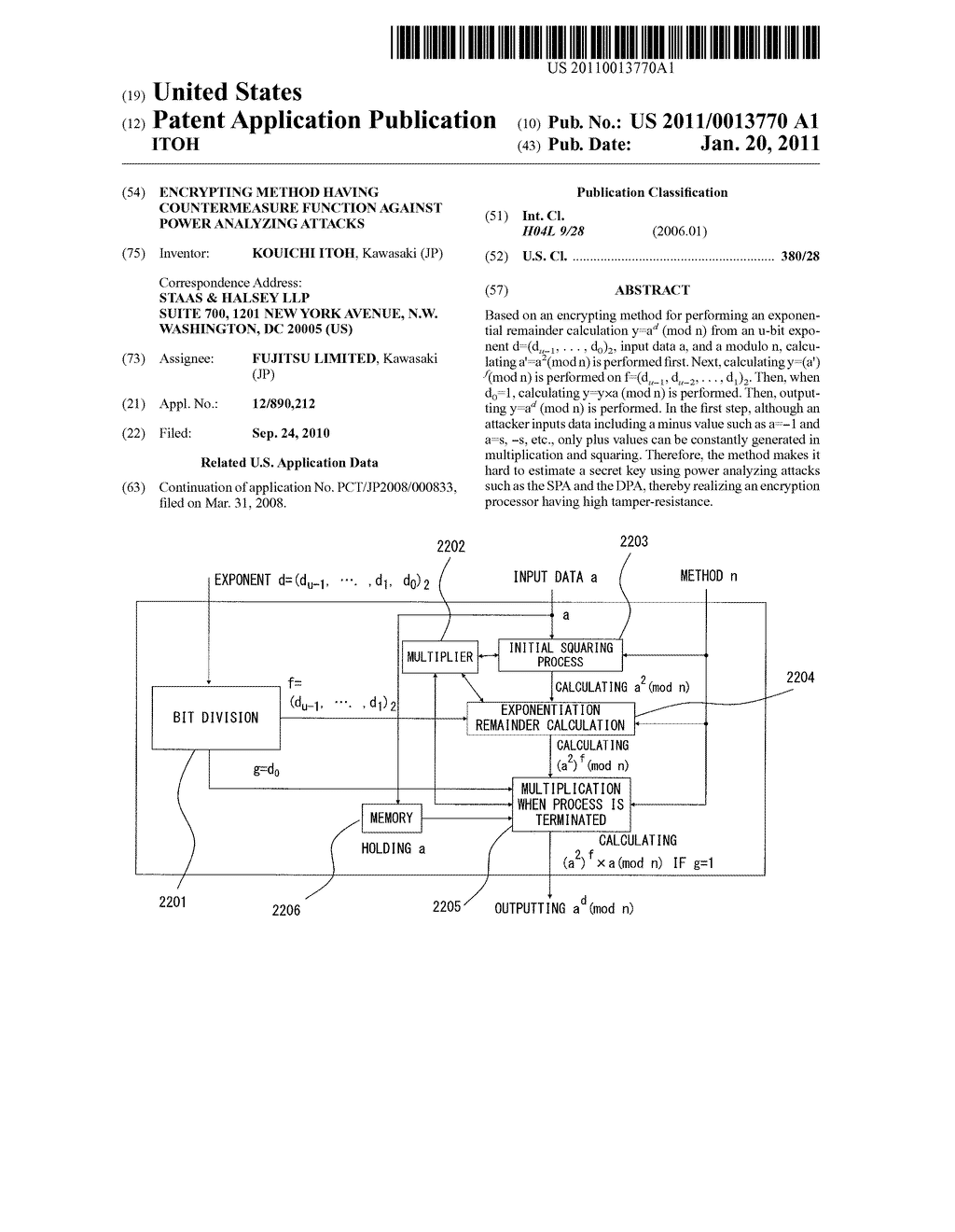 ENCRYPTING METHOD HAVING COUNTERMEASURE FUNCTION AGAINST POWER ANALYZING ATTACKS - diagram, schematic, and image 01