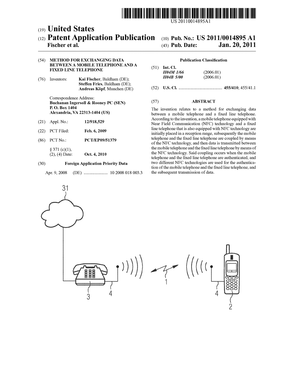 METHOD FOR EXCHANGING DATA BETWEEN A MOBILE TELEPHONE AND A FIXED LINE TELEPHONE - diagram, schematic, and image 01