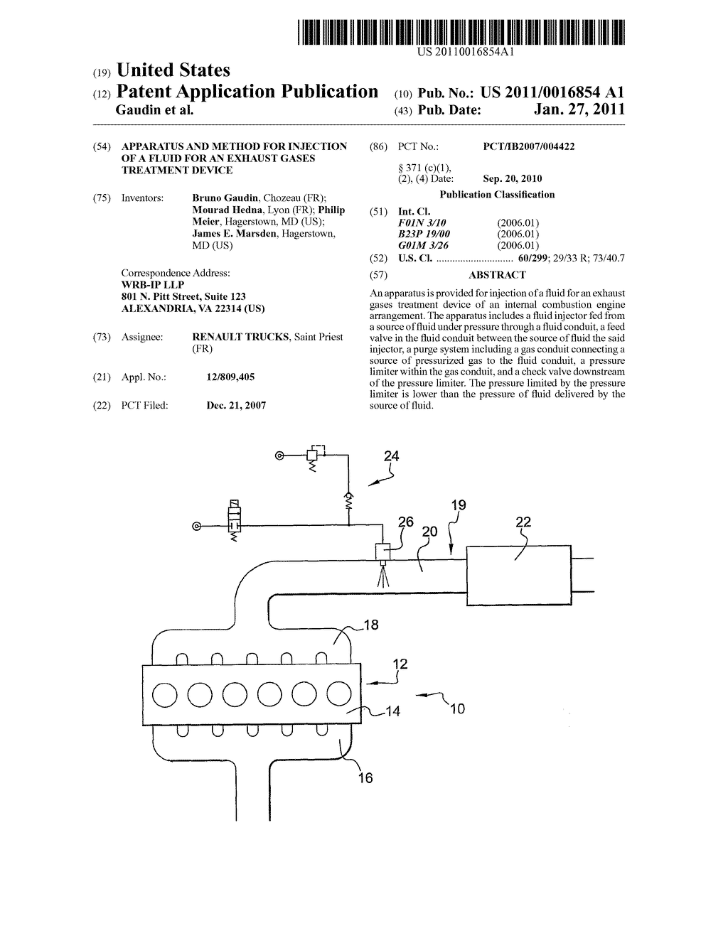 APPARATUS AND METHOD FOR INJECTION OF A FLUID FOR AN EXHAUST GASES TREATMENT DEVICE - diagram, schematic, and image 01