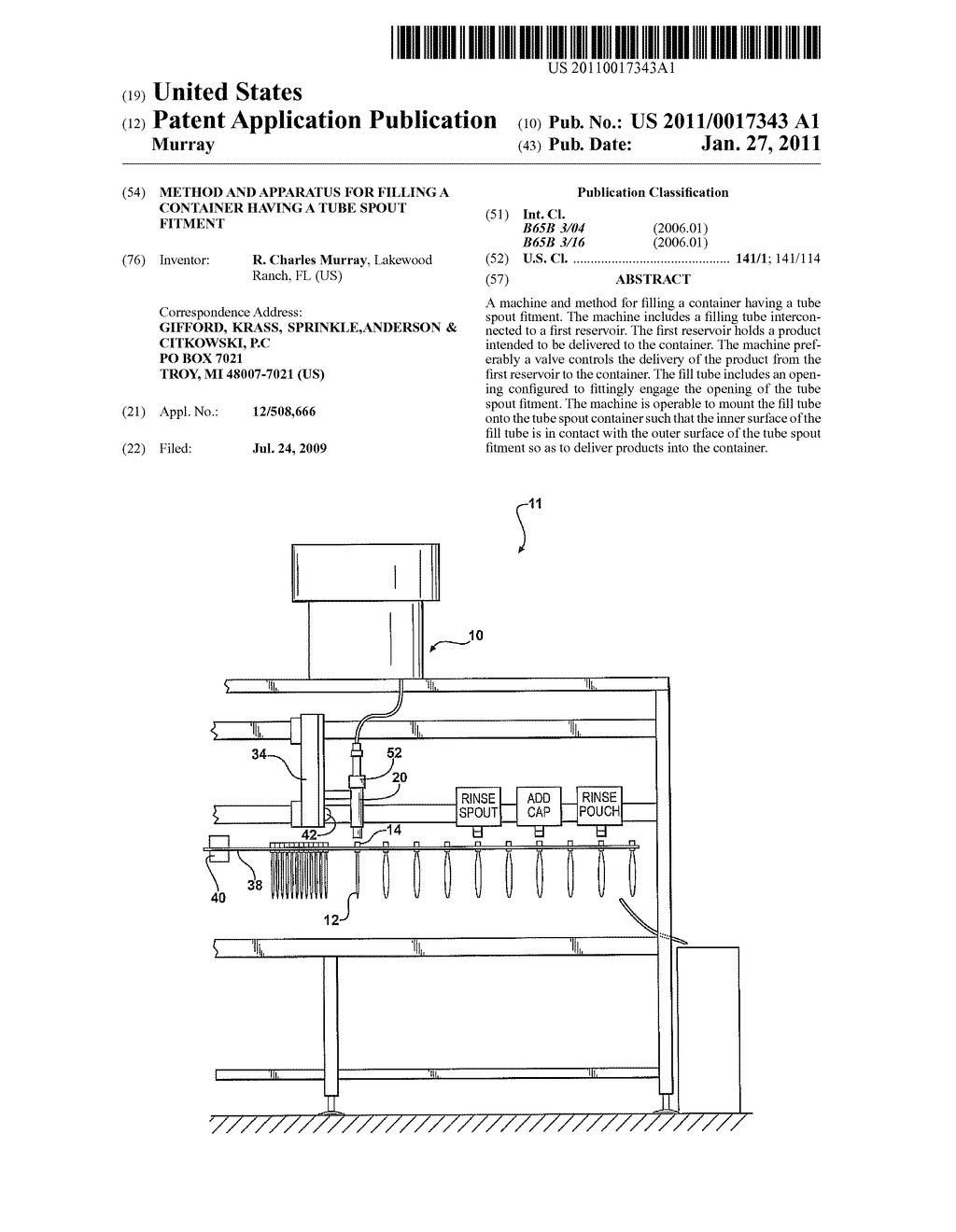 METHOD AND APPARATUS FOR FILLING A CONTAINER HAVING A TUBE SPOUT FITMENT - diagram, schematic, and image 01