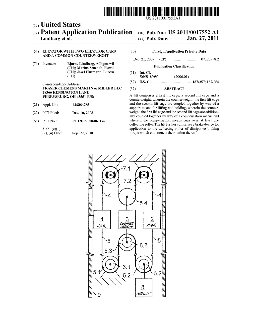 ELEVATOR WITH TWO ELEVATOR CARS AND A COMMON COUNTERWEIGHT - diagram, schematic, and image 01