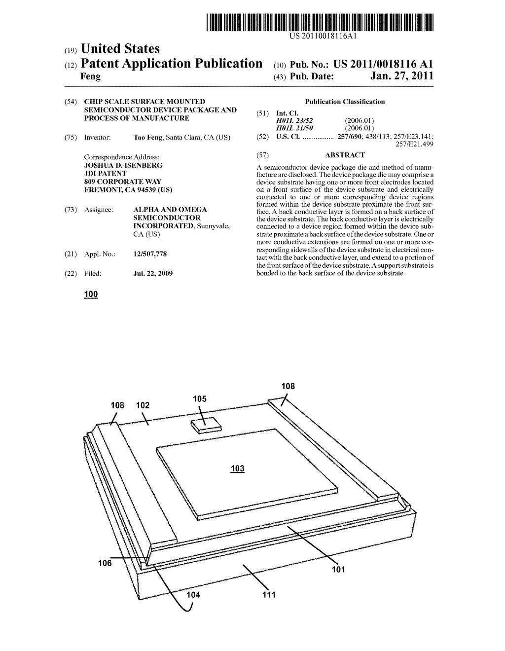 CHIP SCALE SURFACE MOUNTED SEMICONDUCTOR DEVICE PACKAGE AND PROCESS OF MANUFACTURE - diagram, schematic, and image 01