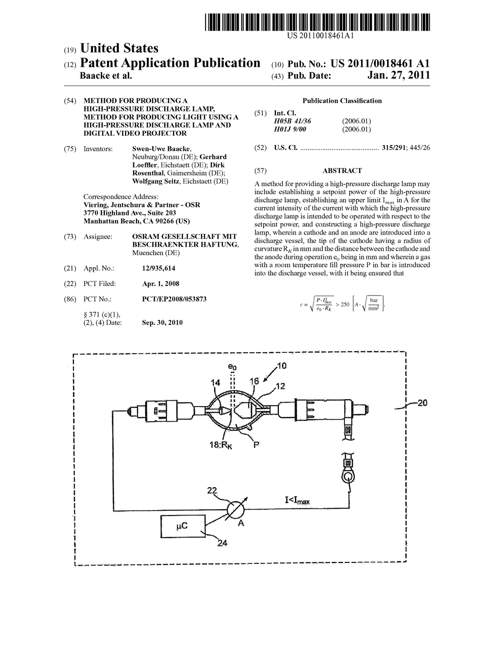 METHOD FOR PRODUCING A HIGH-PRESSURE DISCHARGE LAMP, METHOD FOR PRODUCING LIGHT USING A HIGH-PRESSURE DISCHARGE LAMP AND DIGITAL VIDEO PROJECTOR - diagram, schematic, and image 01