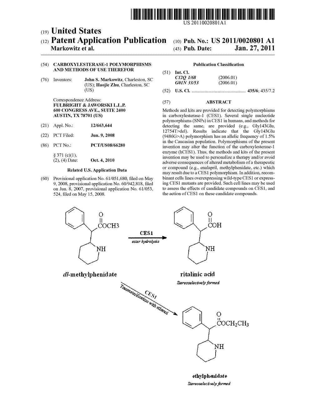 Carboxylesterase-1 Polymorphisms and Methods of Use Therefor - diagram, schematic, and image 01