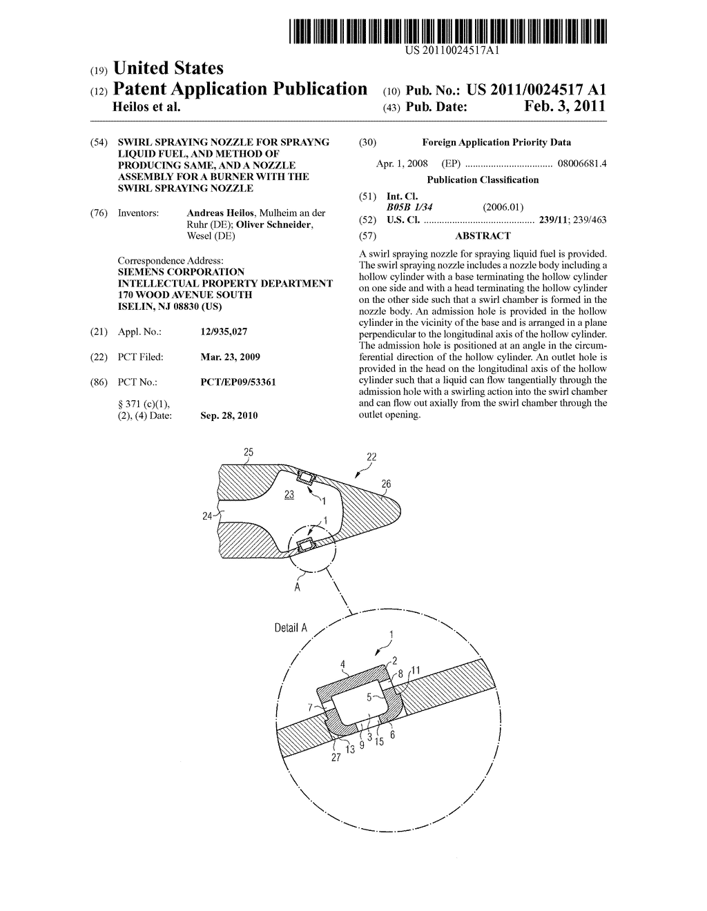 Swirl spraying nozzle for sprayng liquid fuel, and method of producing same, and a nozzle assembly for a burner with the swirl spraying nozzle - diagram, schematic, and image 01