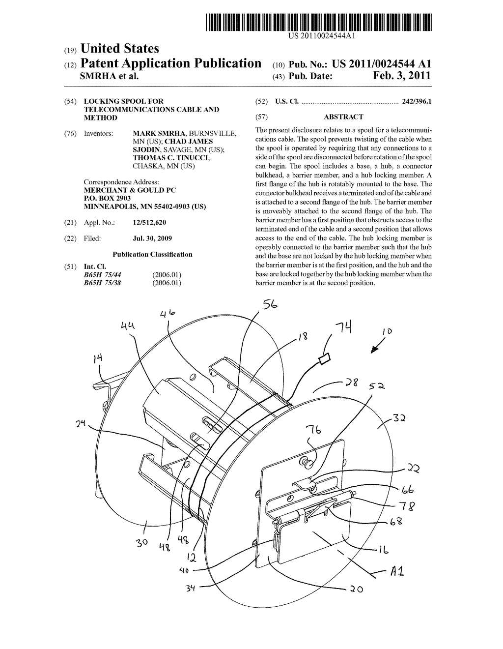 LOCKING SPOOL FOR TELECOMMUNICATIONS CABLE AND METHOD - diagram, schematic, and image 01