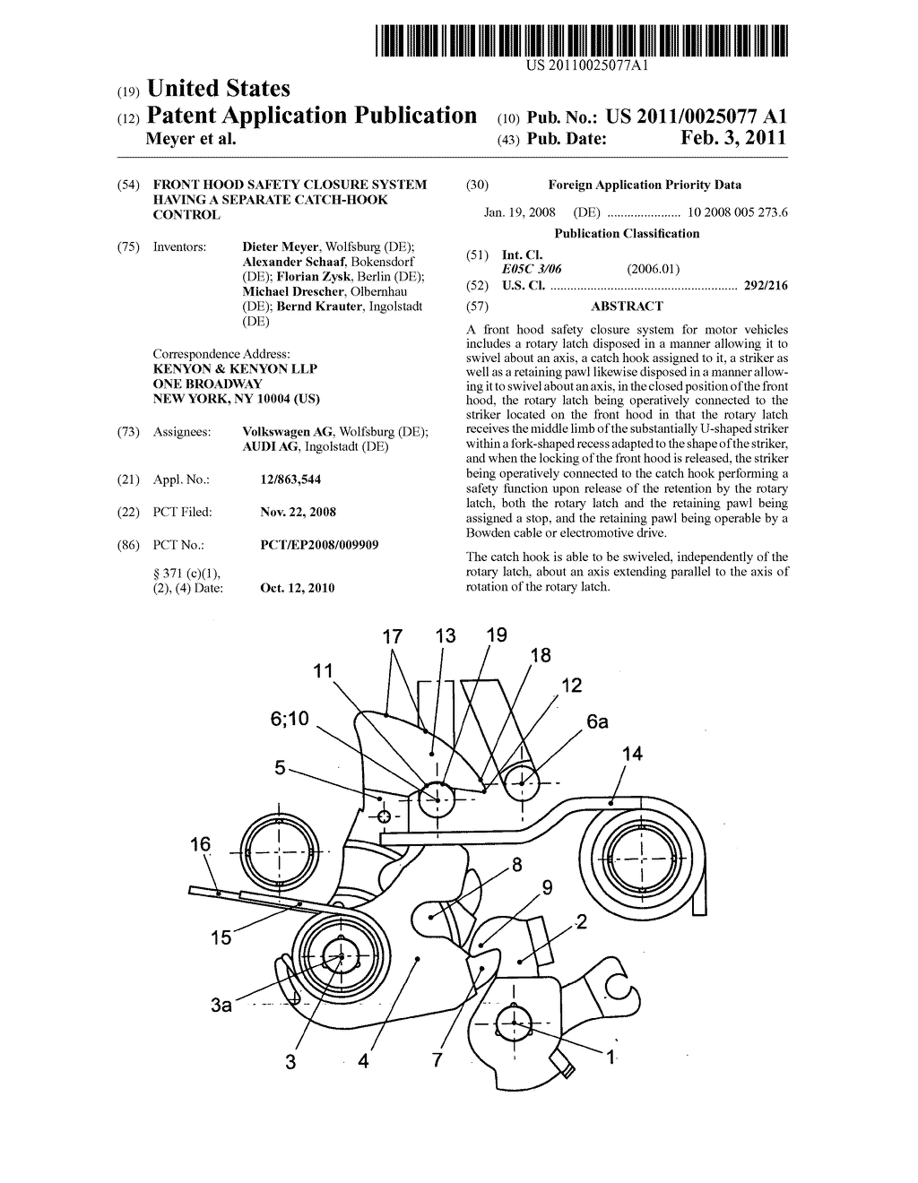 FRONT HOOD SAFETY CLOSURE SYSTEM HAVING A SEPARATE CATCH-HOOK CONTROL - diagram, schematic, and image 01