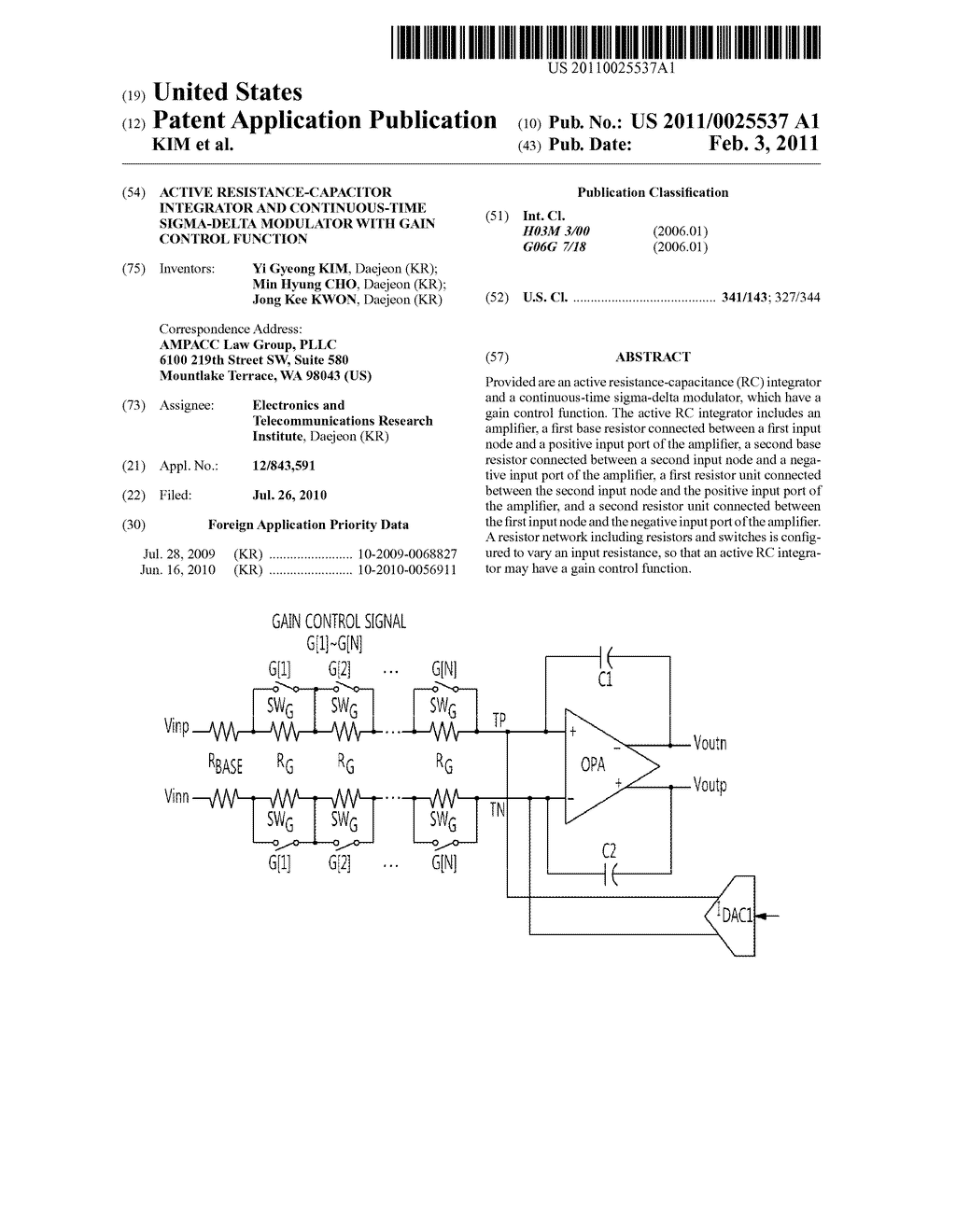 ACTIVE RESISTANCE-CAPACITOR INTEGRATOR AND CONTINUOUS-TIME SIGMA-DELTA MODULATOR WITH GAIN CONTROL FUNCTION - diagram, schematic, and image 01