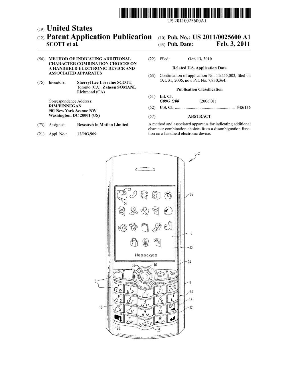 METHOD OF INDICATING ADDITIONAL CHARACTER COMBINATION CHOICES ON A HANDHELD ELECTRONIC DEVICE AND ASSOCIATED APPARATUS - diagram, schematic, and image 01