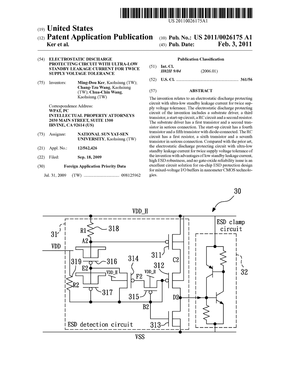 ELECTROSTATIC DISCHARGE PROTECTING CIRCUIT WITH ULTRA-LOW STANDBY LEAKAGE CURRENT FOR TWICE SUPPLY VOLTAGE TOLERANCE - diagram, schematic, and image 01