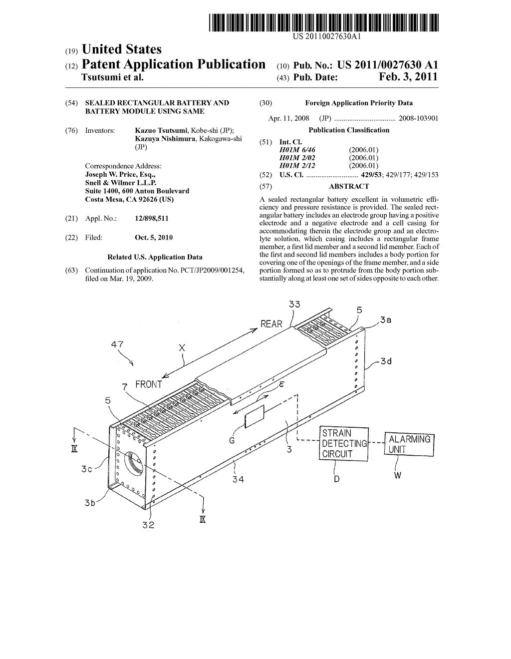 SEALED RECTANGULAR BATTERY AND BATTERY MODULE USING SAME - diagram, schematic, and image 01